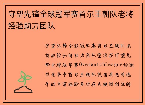 守望先锋全球冠军赛首尔王朝队老将经验助力团队