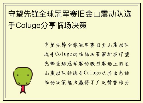 守望先锋全球冠军赛旧金山震动队选手Coluge分享临场决策